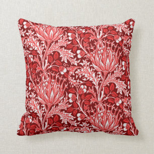 William Morris Damask, Dark Red & White Cushion