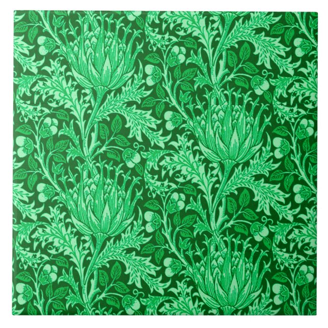 William Morris Damask, Emerald Green Ceramic Tile (Front)