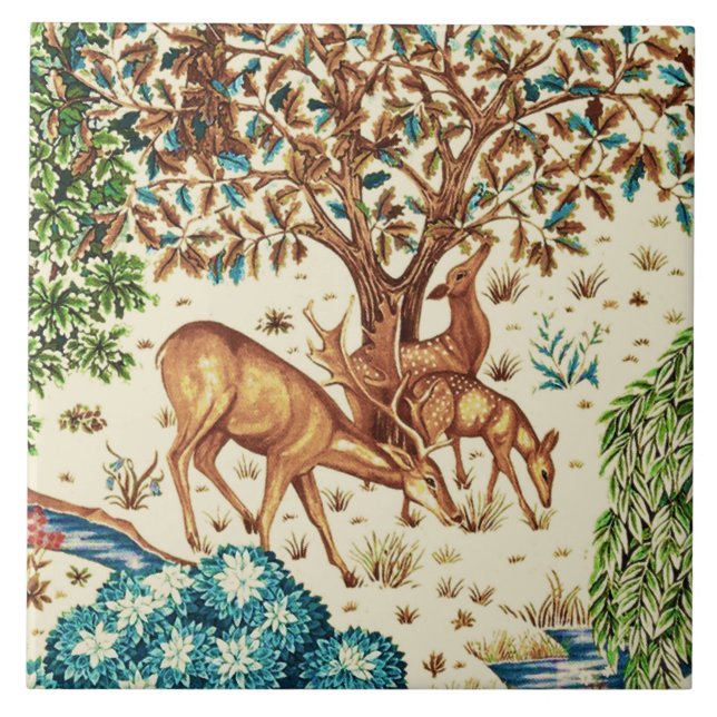 William Morris Deer by a Brook Tapestry Beige Ceramic Tile (Front)