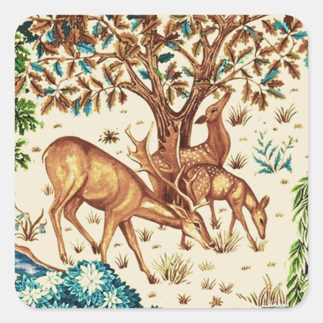William Morris Deer by a Brook Tapestry Beige Square Sticker (Front)