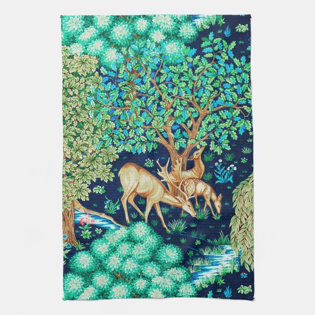 William Morris Deer by a Brook Tapestry Indigo Tea Towel (Vertical)