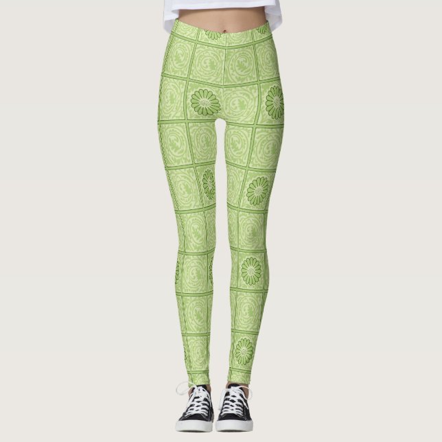 William Morris Diaper Green Tile Pattern Leggings (Front)