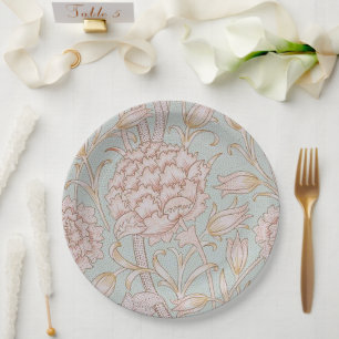 William Morris, Elegant Pink Wild Tulips Soft Blue Paper Plate