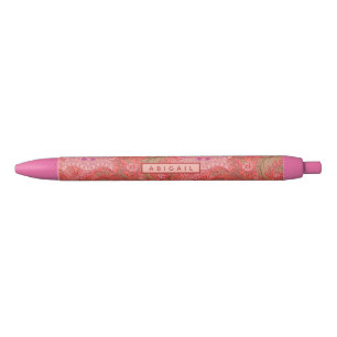 William Morris - Elegant Red & Pink Floral Black Ink Pen