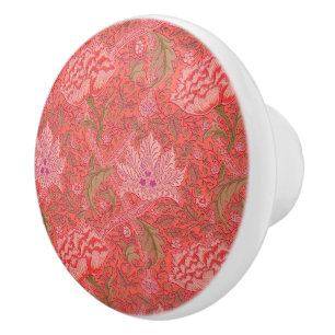 William Morris - Elegant Red & Pink Floral Ceramic Knob