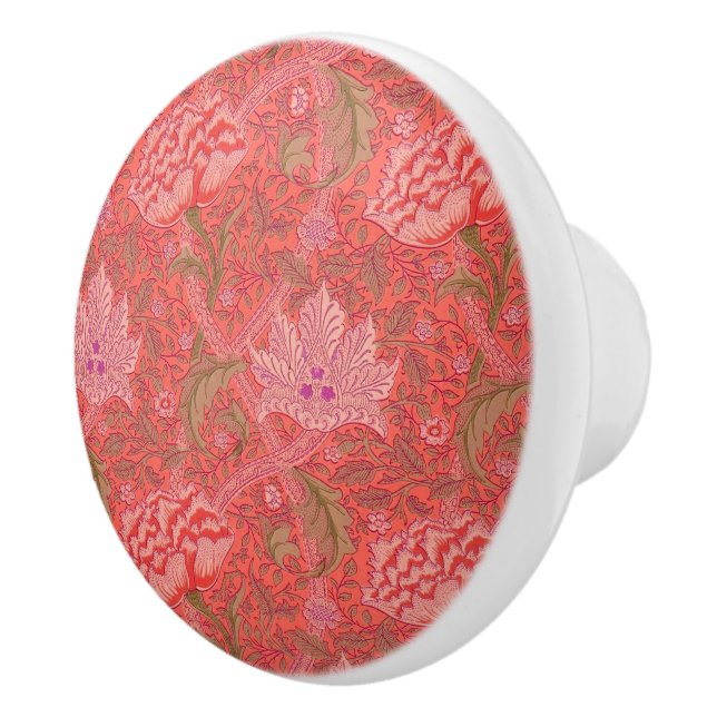 William Morris - Elegant Red & Pink Floral Ceramic Knob (Right)