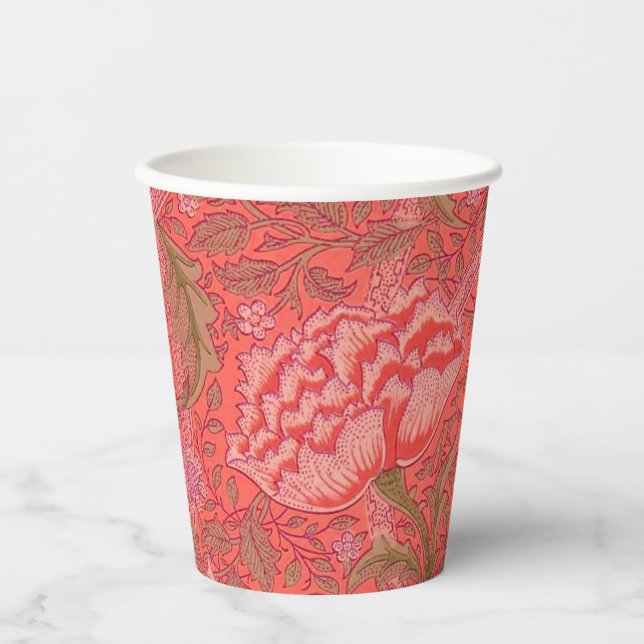 William Morris - Elegant Red & Pink Floral Paper Cups (Front)