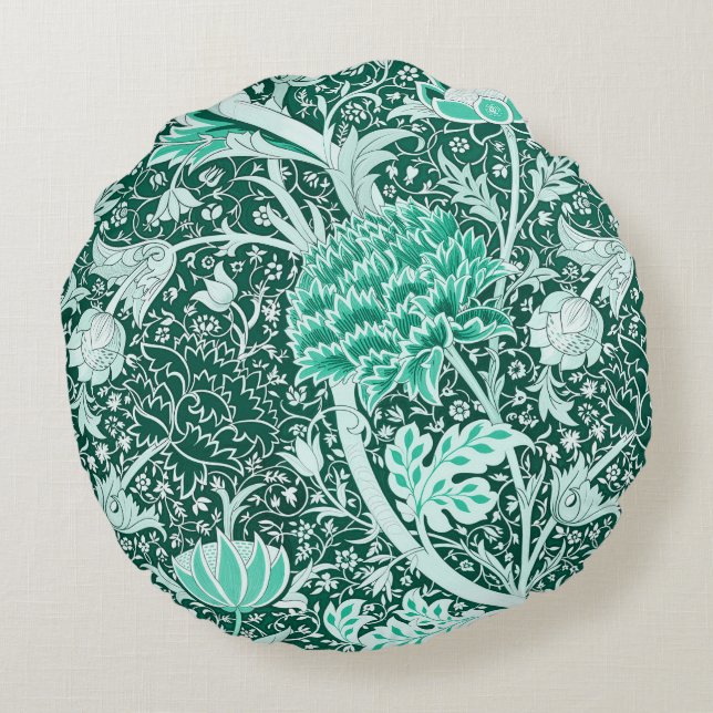 William Morris Emerald Green Floral Pattern Round Cushion (Back)
