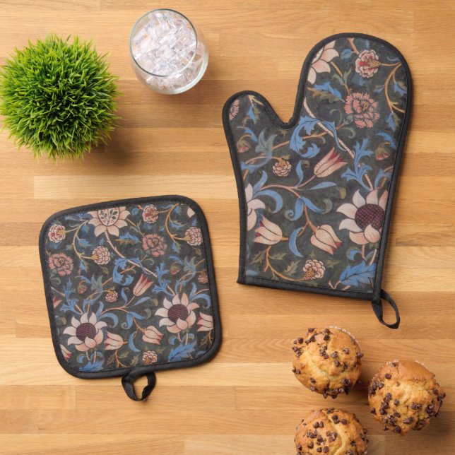 William Morris Evenlode Textile Floral Art Oven Mitt & Pot Holder Set (Top Down)