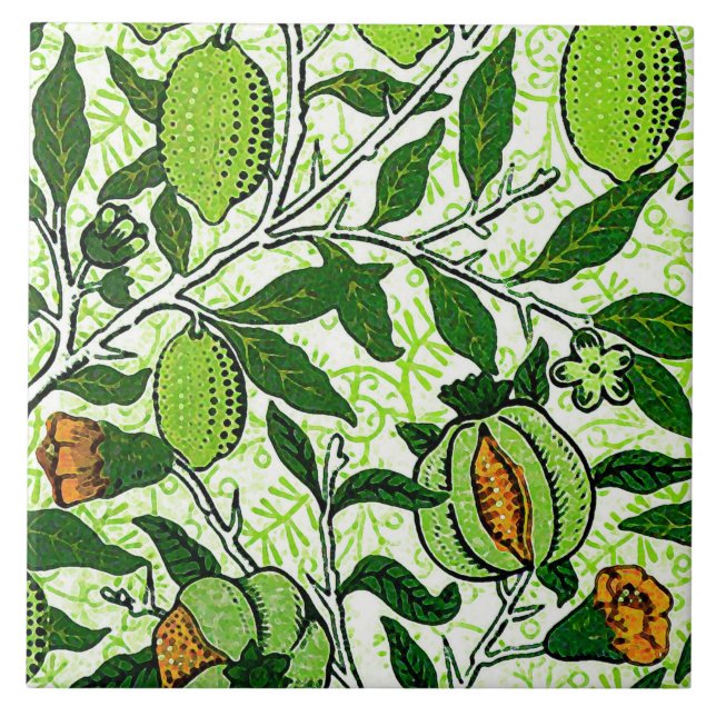 William Morris Exotic Fruit, Lime Green & Coral Ceramic Tile (Front)