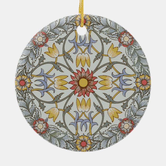 William Morris Floral Circle Flower Illustration Ceramic Ornament (Back)