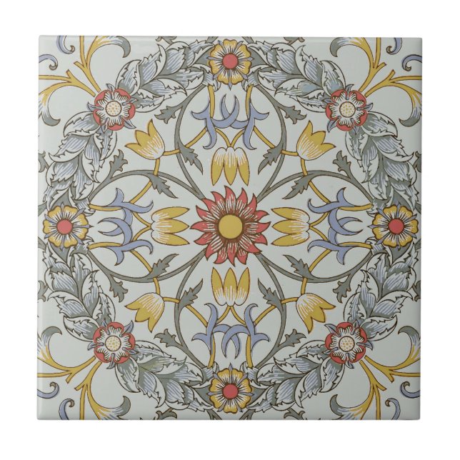 William Morris Floral Circle Flower Illustration Ceramic Tile (Front)