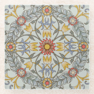 William Morris Floral Circle Flower Illustration Glass Coaster