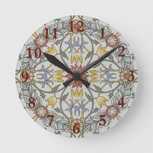 William Morris Floral Circle Flower Illustration Round Clock (Front)