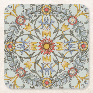 William Morris Floral Circle Flower Illustration Square Paper Coaster