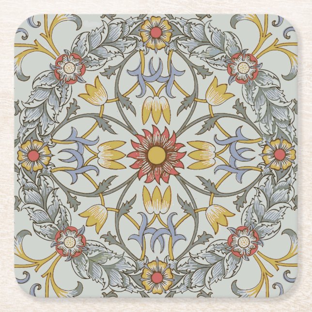 William Morris Floral Circle Flower Illustration Square Paper Coaster (Front)