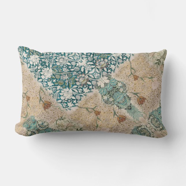 William Morris Floral Collage Greenery Teal Peach Lumbar Cushion (Front)