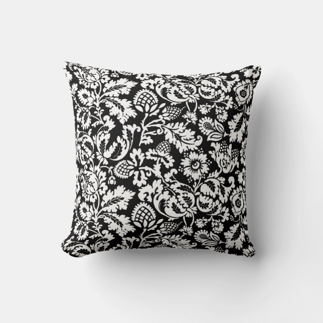 William Morris Floral Damask, Black and White Cushion (Front)