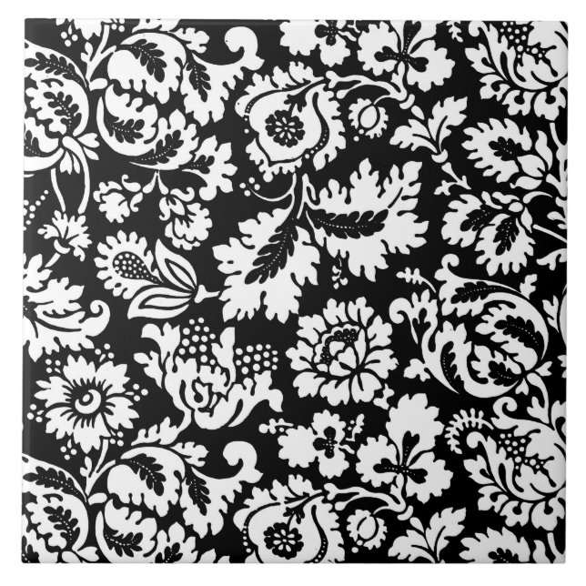 William Morris Floral Damask, Black and White Tile (Front)