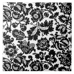 William Morris Floral Damask, Black on White Ceramic Tile
