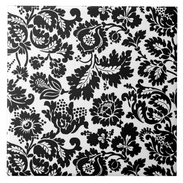 William Morris Floral Damask, Black on White Ceramic Tile (Front)