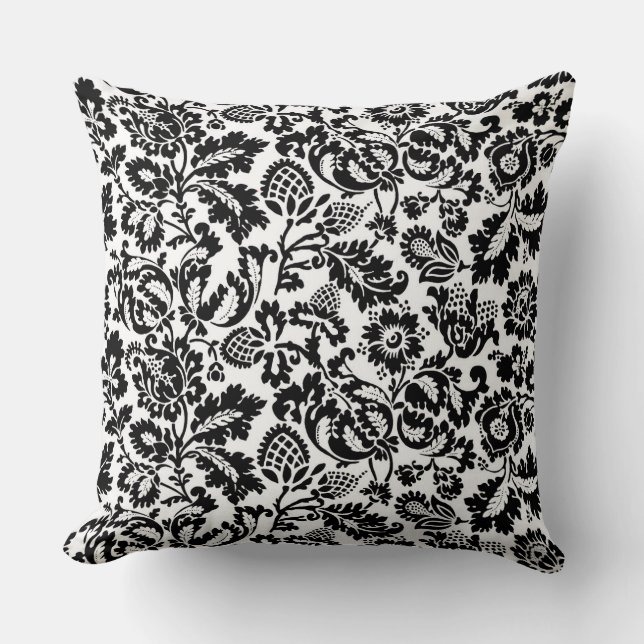 William Morris Floral Damask, Black on White Cushion (Front)
