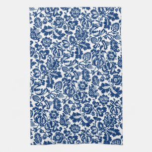 William Morris Floral Damask, Cobalt Blue on White Tea Towel