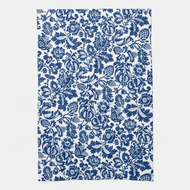 William Morris Floral Damask, Cobalt Blue on White Tea Towel (Vertical)