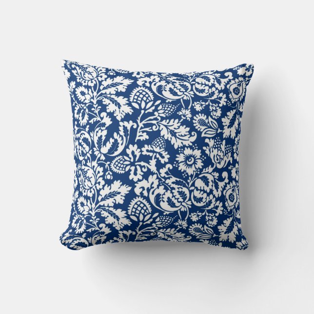 William Morris Floral Damask, Cobalt Blue & White Cushion (Front)