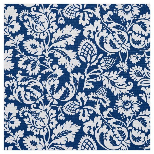 William Morris Floral Damask, Cobalt Blue & White Fabric (Swatch)