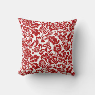 William Morris Floral Damask, Deep Red and White Cushion