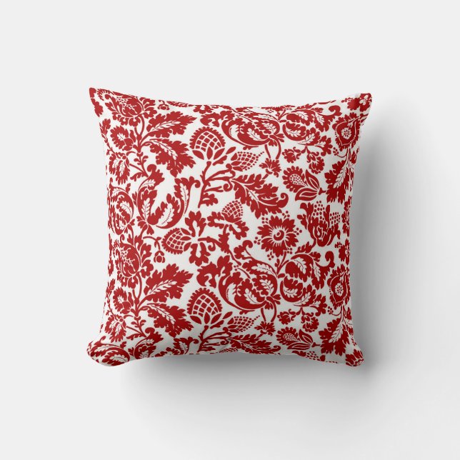 William Morris Floral Damask, Deep Red and White Cushion (Front)
