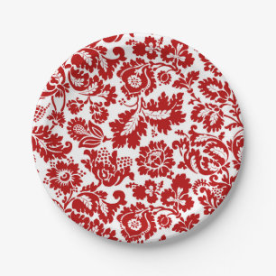 William Morris Floral Damask, Deep Red and White Paper Plate
