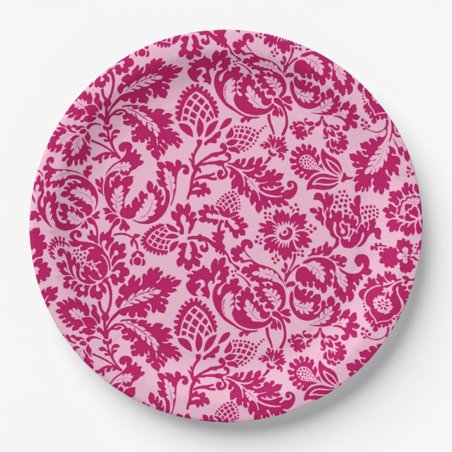 William Morris Floral Damask, Fuchsia and Pink  Paper Plate (Front)