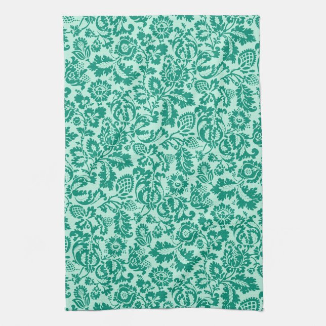 William Morris Floral Damask, Turquoise and Aqua Tea Towel (Vertical)