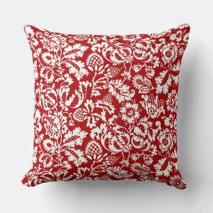 William Morris Floral Damask, White and Deep Red Cushion