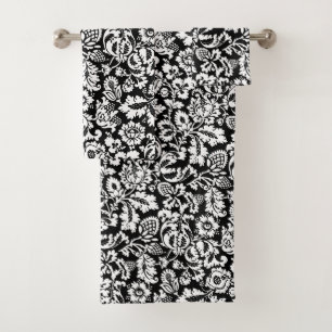 William Morris Floral Damask, White on Black Bath Towel Set