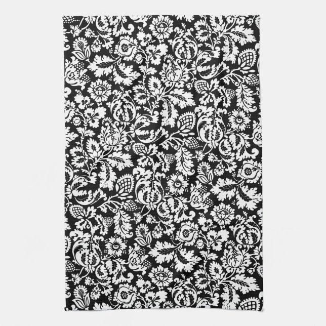 William Morris Floral Damask, White on Black  Tea Towel (Vertical)