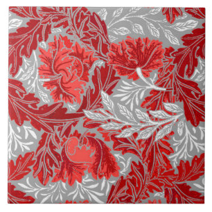 William Morris Floral, Deep Red and Grey / Grey Ceramic Tile