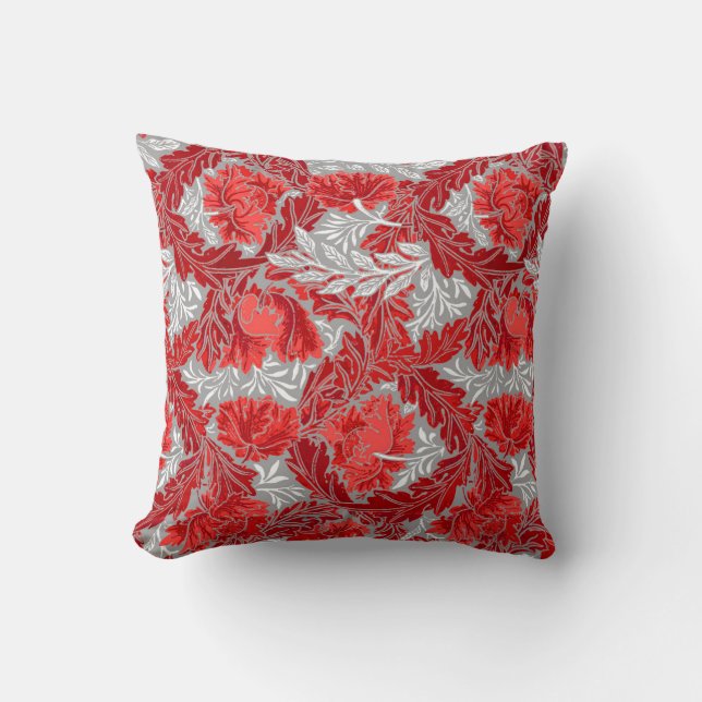 William Morris Floral, Deep Red and Grey / Grey Cushion (Front)