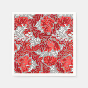 William Morris Floral, Deep Red and Grey / Grey Napkin