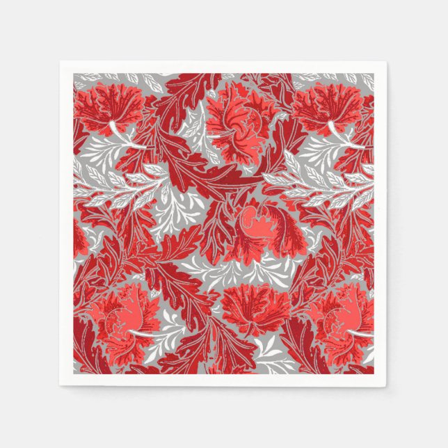 William Morris Floral, Deep Red and Grey / Grey Napkin (Front)