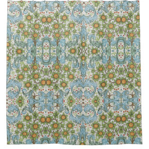 William Morris Floral Flowers Acanthus Leaves Blue Shower Curtain
