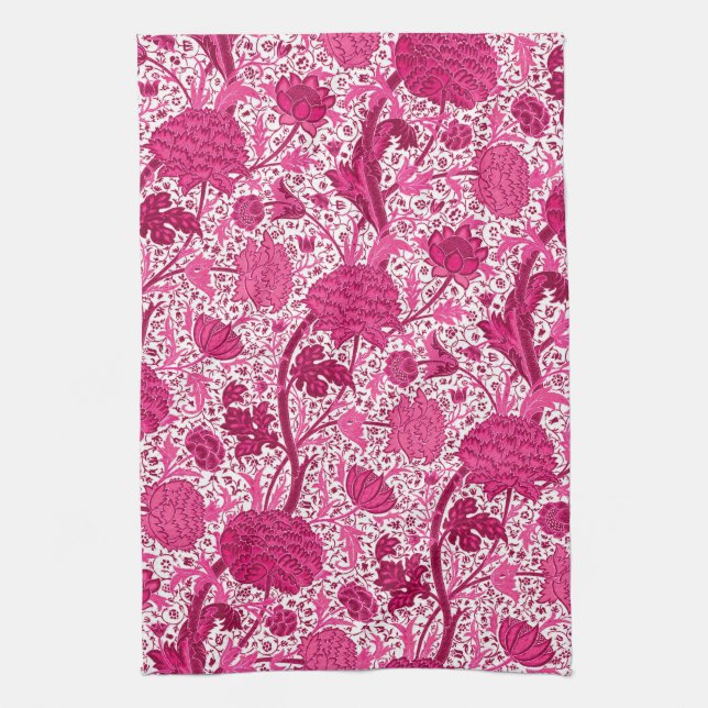 William Morris Floral, Fuchsia Pink and White  Tea Towel (Vertical)