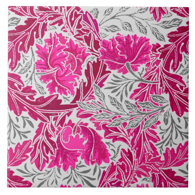 William Morris Floral, Fuchsia Pink & Grey / Grey Ceramic Tile (Front)