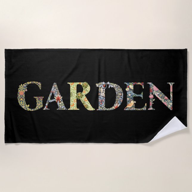 William Morris Floral Garden Motto and Frame Beach Towel (Front)