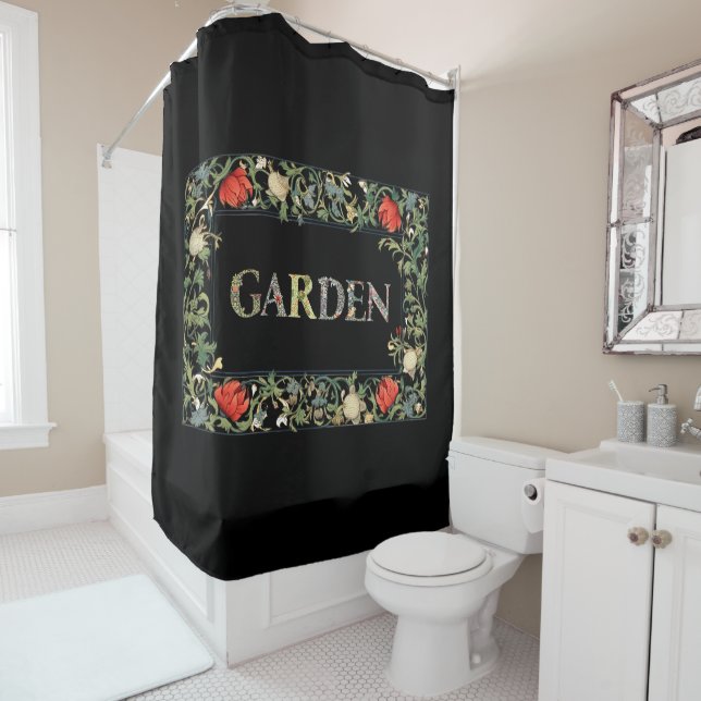 William Morris Floral Garden Motto and Frame Shower Curtain (In Situ)