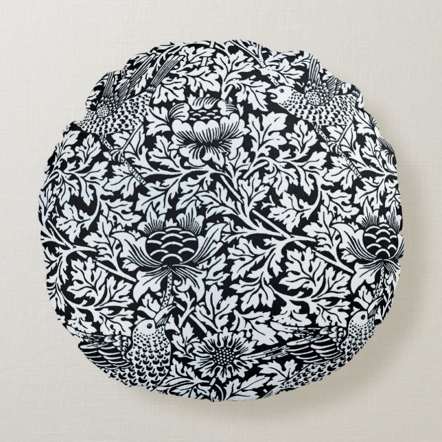 William Morris Floral Pattern Bird Anenome Round Cushion (Front)