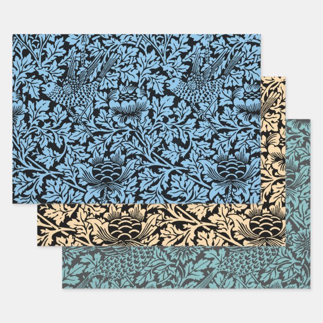 William Morris Floral Pattern Bird Anenome Wrapping Paper Sheet (Set)