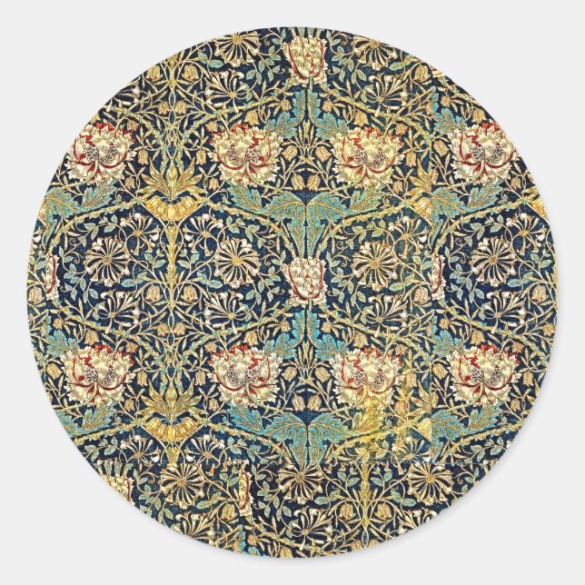 William Morris Floral Pattern Gold Turquoise Red Classic Round Sticker (Front)